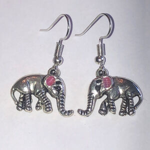 Silver Tone Pink Enamel Elephant Boho Earrings